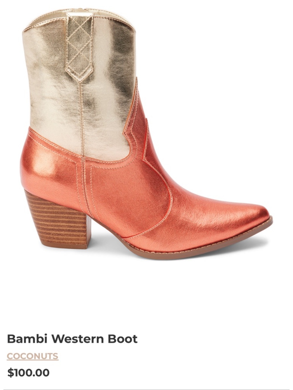 Matisse Metallic Orange Rust and Gold Western Ankle Bootie